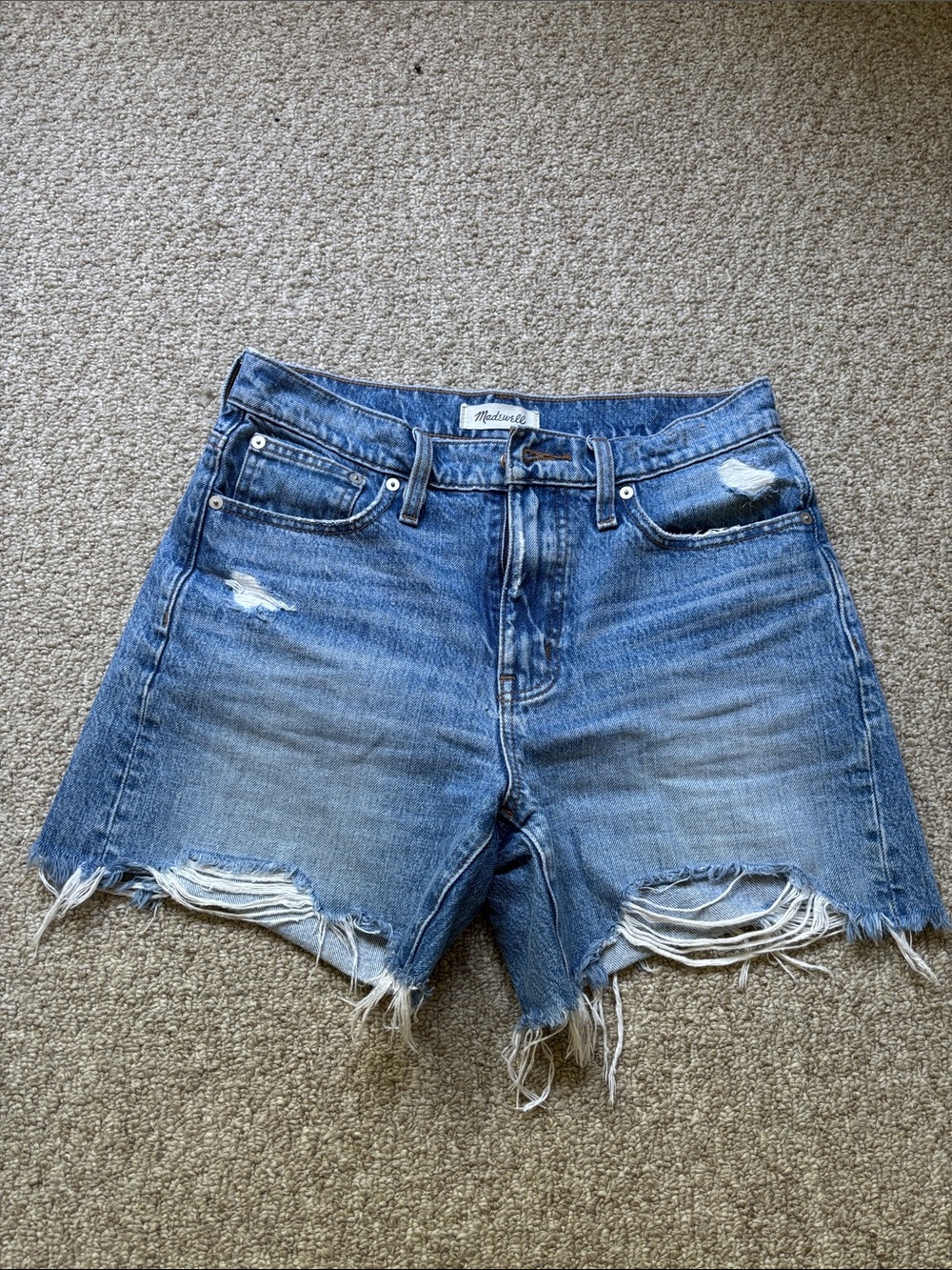 Madewell Distressed Mid-Blue High-Rise Cutoff Shorts